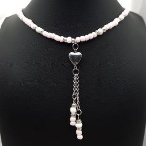 Chained Heart Pendant Pink White Adjustable Collar Necklace Handmade Jewelry